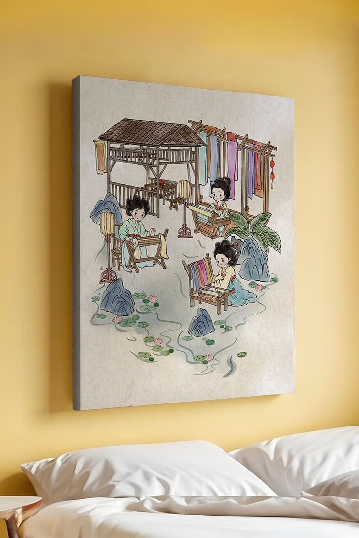 Charming illustration of traditional textile crafts in a serene setting