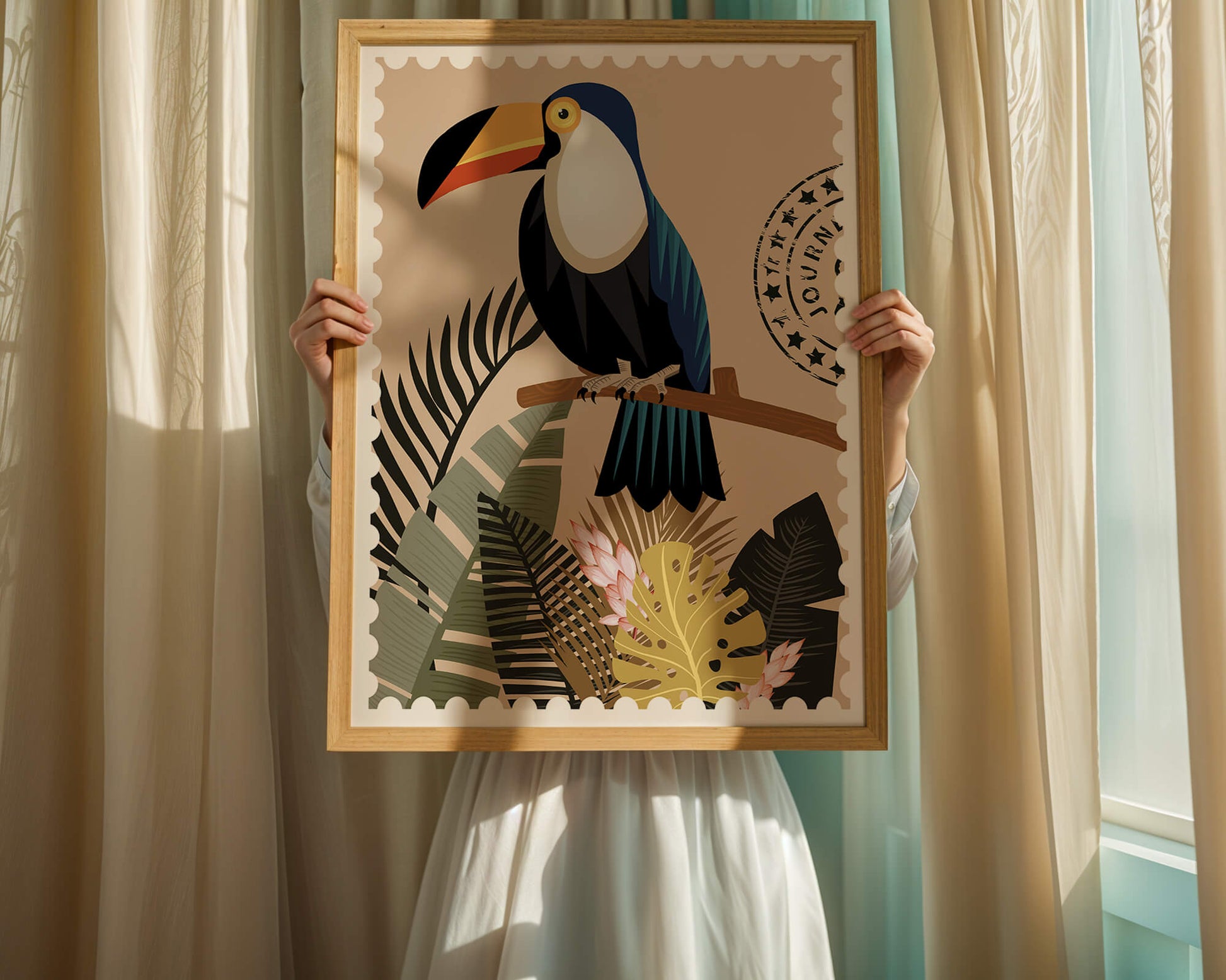 Colorful Toucan Surrounded by Tropical Leaves with Travel Stamp