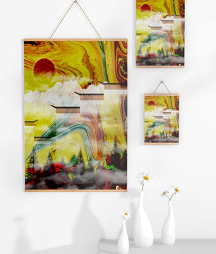 Abstract Landscape with Swirling Colors and Red Sun