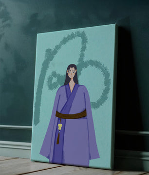 Personaje con atuendo tradicional sobre fondo texturizado