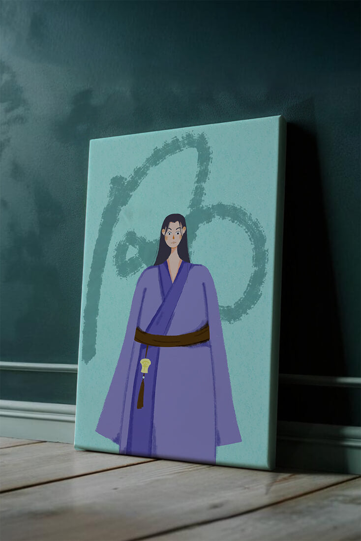 Character in traditional attire on textured background