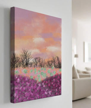 Paisaje sereno con campo floral vibrante y cielo pastel