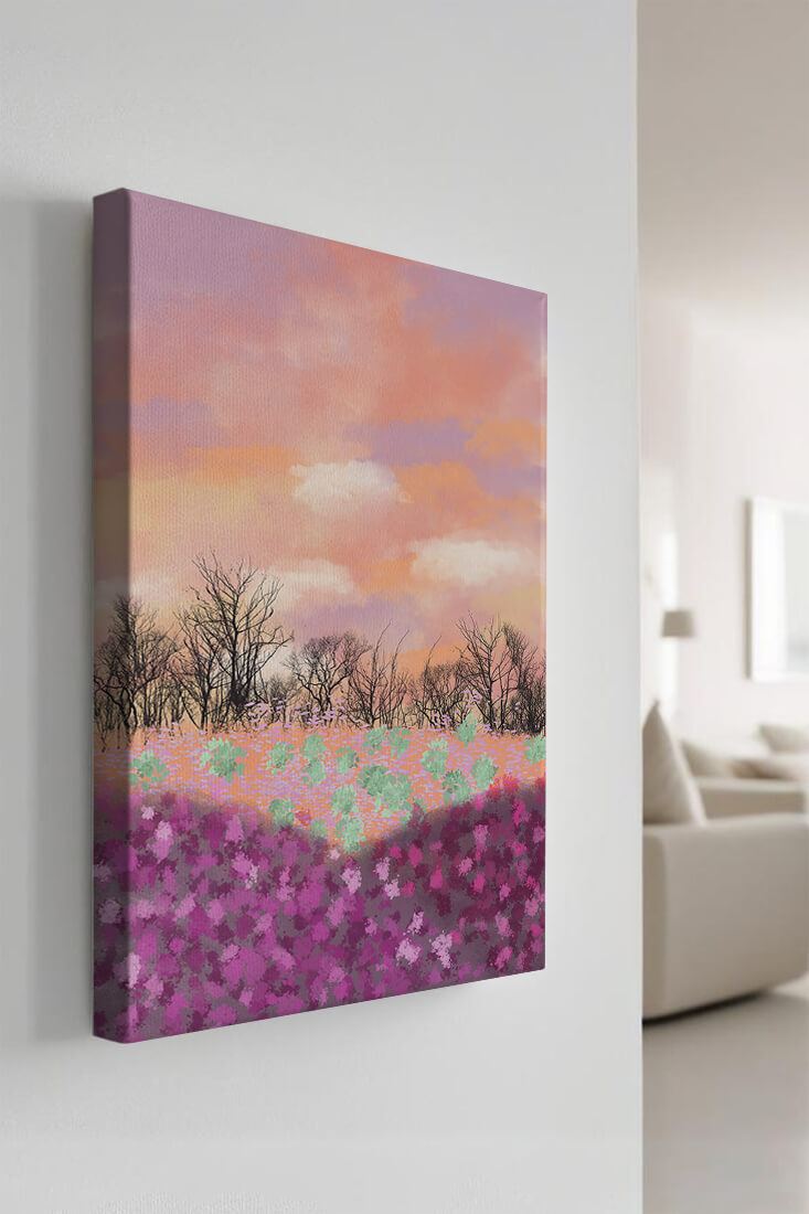 Paisaje sereno con campo floral vibrante y cielo pastel