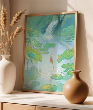 Serene pond scene with lotus leaves and waterfall