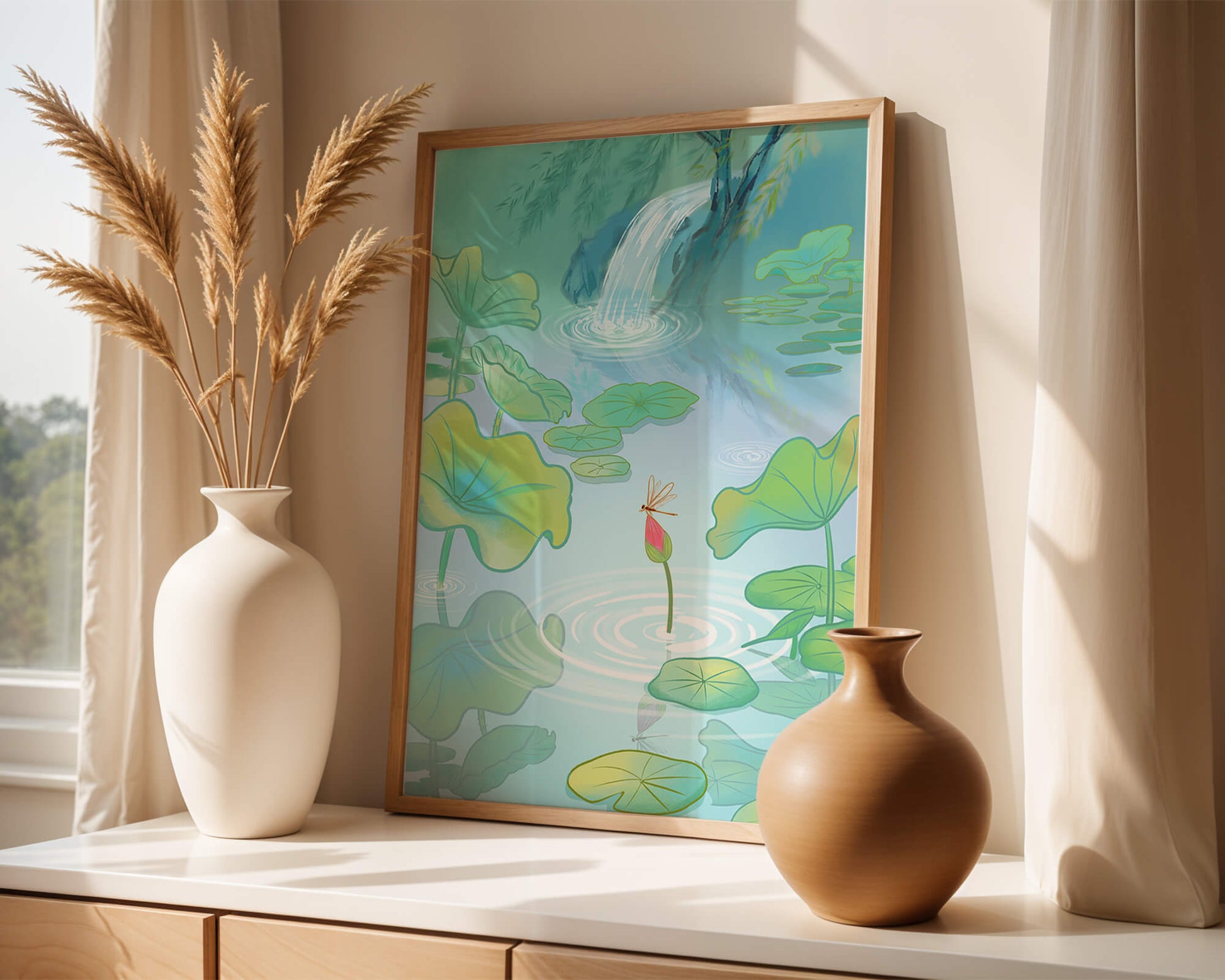 Serene pond scene with lotus leaves and waterfall