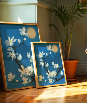 White magnolia branch under moonlight with blue background