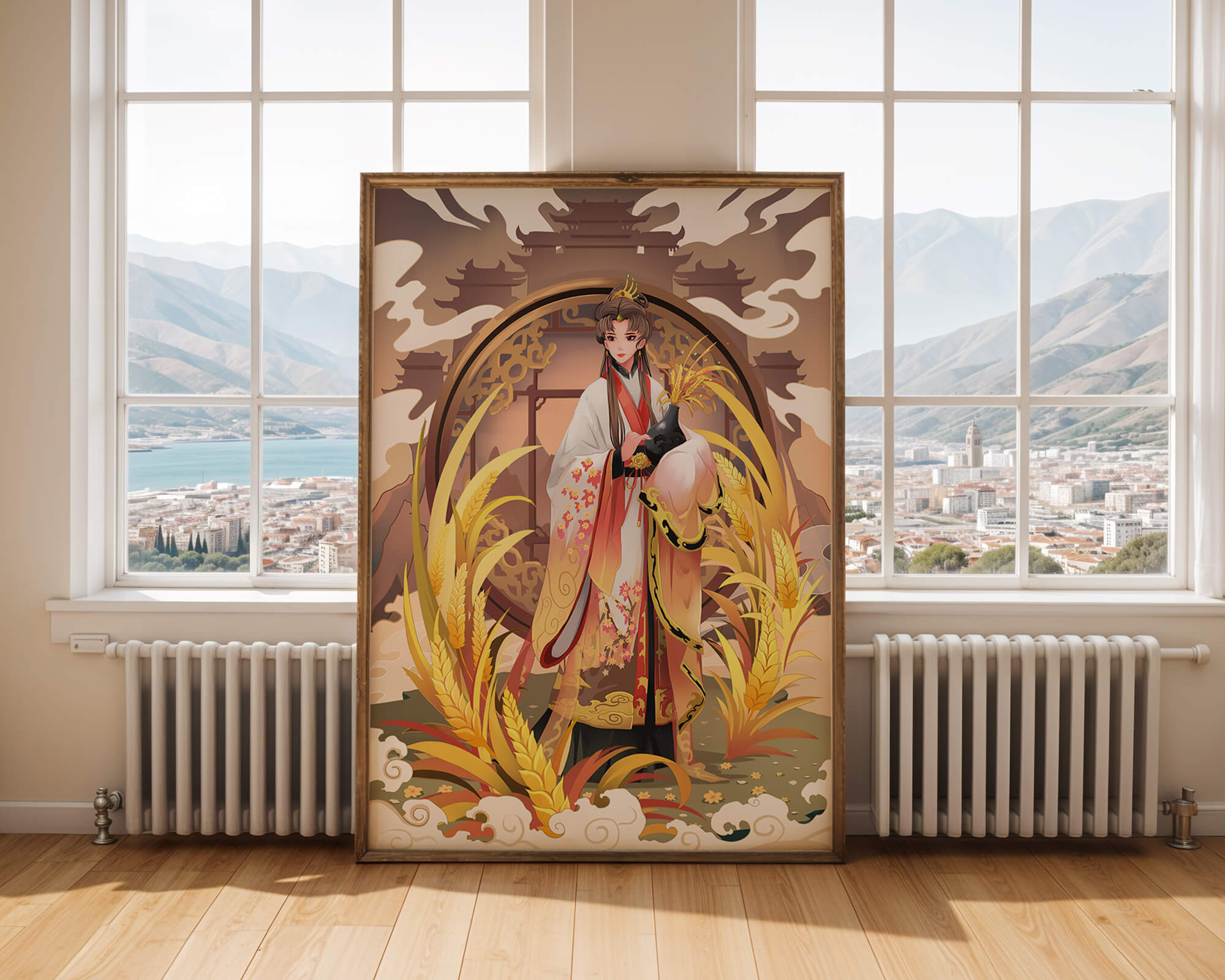 Elegant woman in traditional attire amidst golden wheat field and oriental architecture