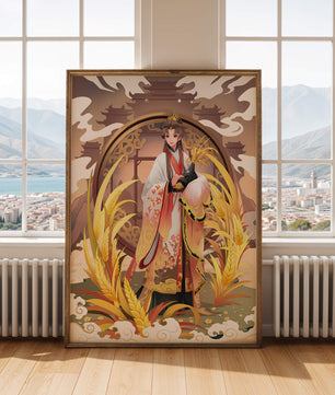 Elegant woman in traditional attire amidst golden wheat field and oriental architecture