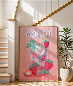 Ilustración de un mojito de fresa con fondo rosa vibrante y diseño juguetón