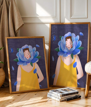 Illustration of woman with blue flower head and yellow dress