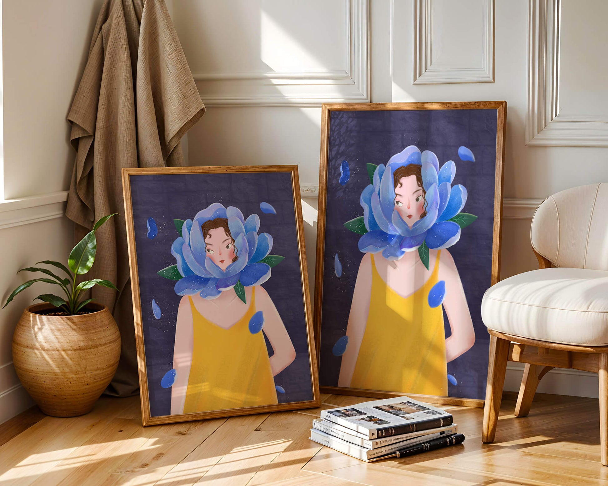 Illustration of woman with blue flower head and yellow dress