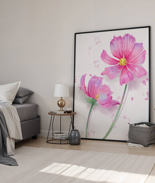 Flores delicadas en acuarela rosada con salpicaduras artísticas en lienzo