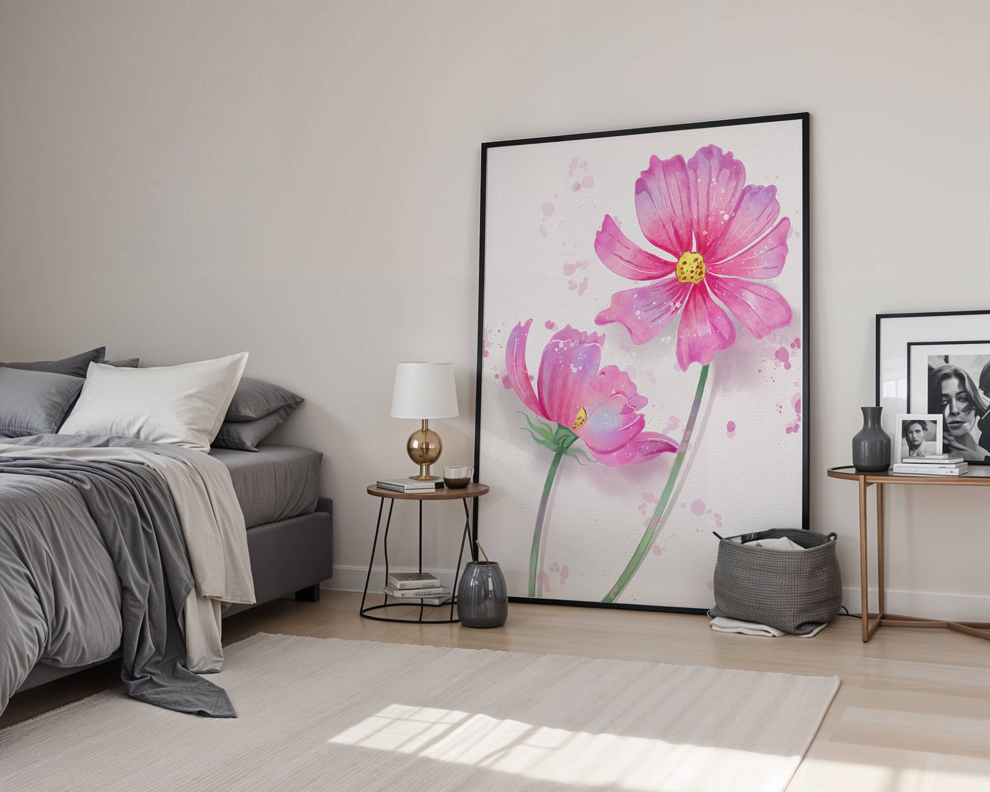 Flores delicadas en acuarela rosada con salpicaduras artísticas en lienzo