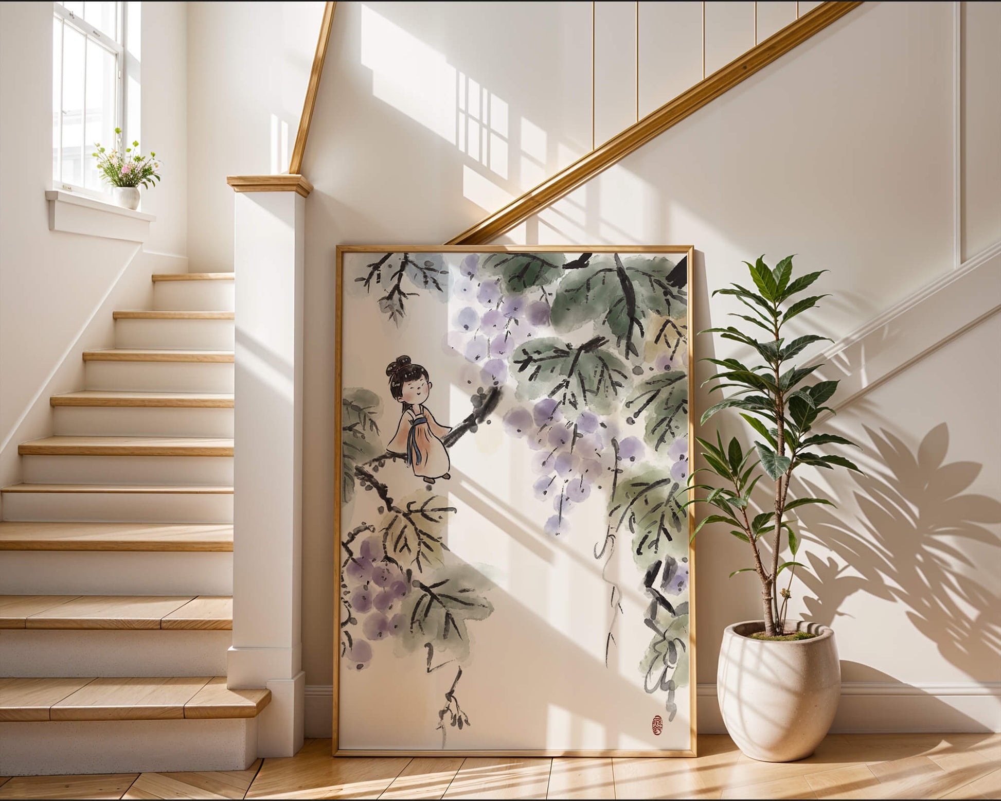 Una chica caprichosa sentada en una rama con bayas moradas y hojas verdes en estilo acuarela