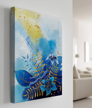 Floral illustration with blue leaves and golden accents on abstract background