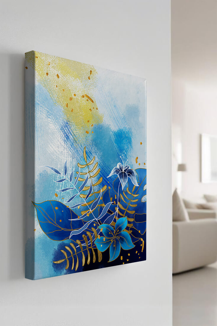 Floral illustration with blue leaves and golden accents on abstract background