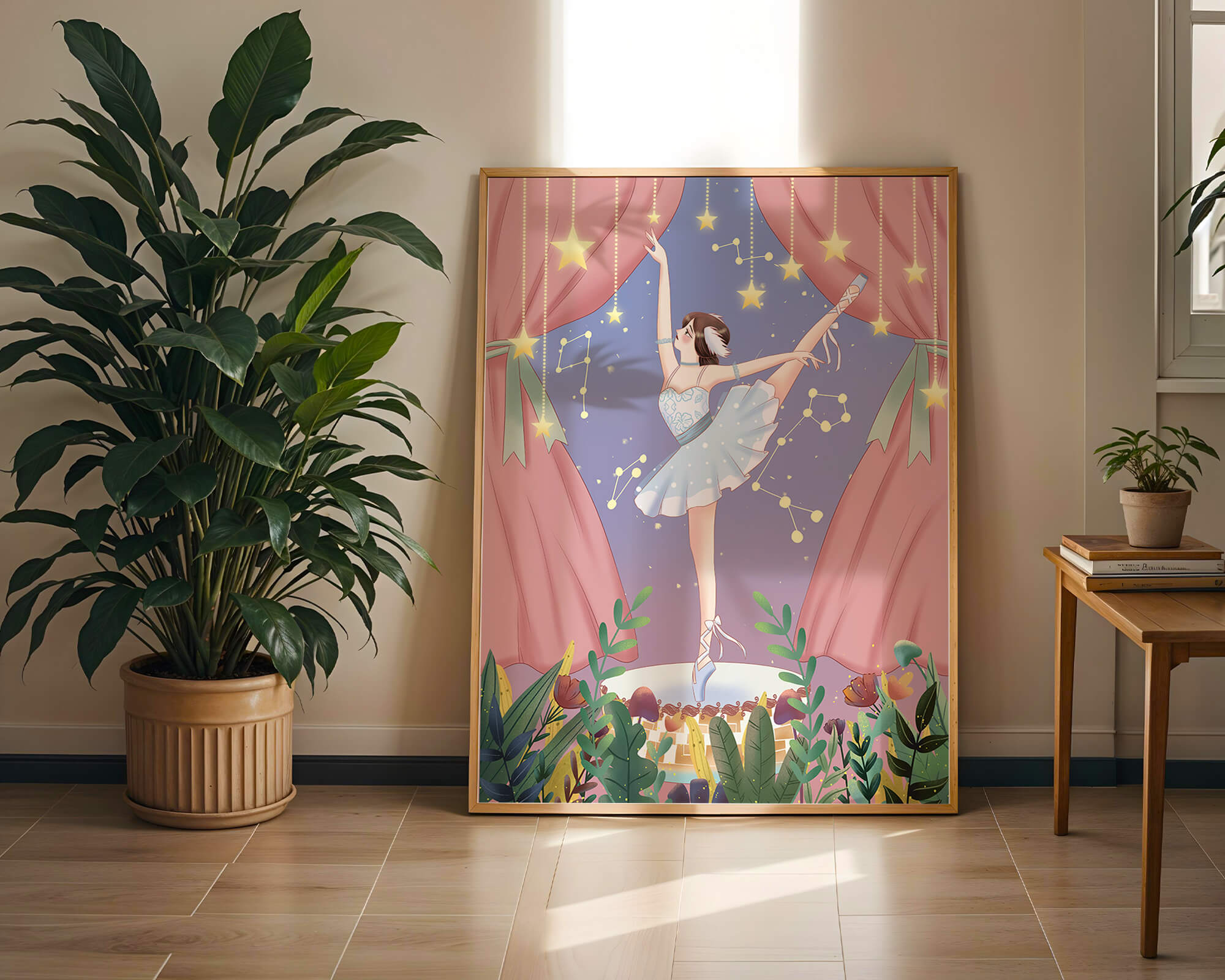 Graceful ballerina performing under starry sky on stage