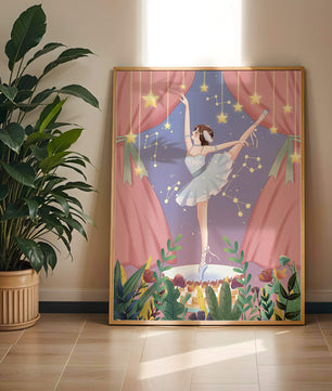 Graceful ballerina performing under starry sky on stage