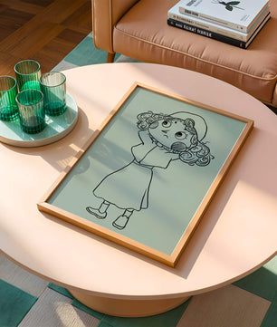 Hand-Drawn Illustration of a Thoughtful Cartoon Character with Curly Hair and a Beanie
