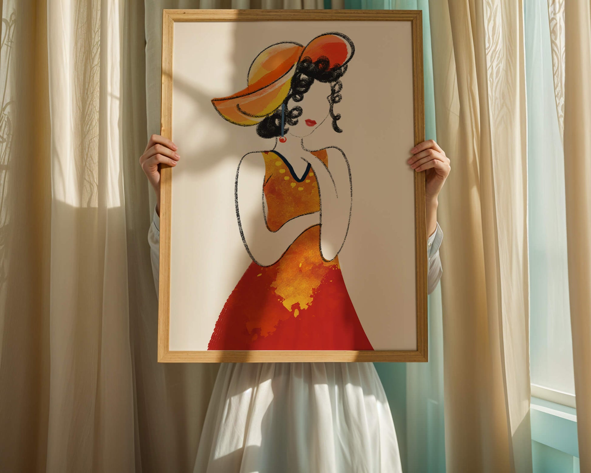 Elegant woman in a vibrant hat and dress illustration