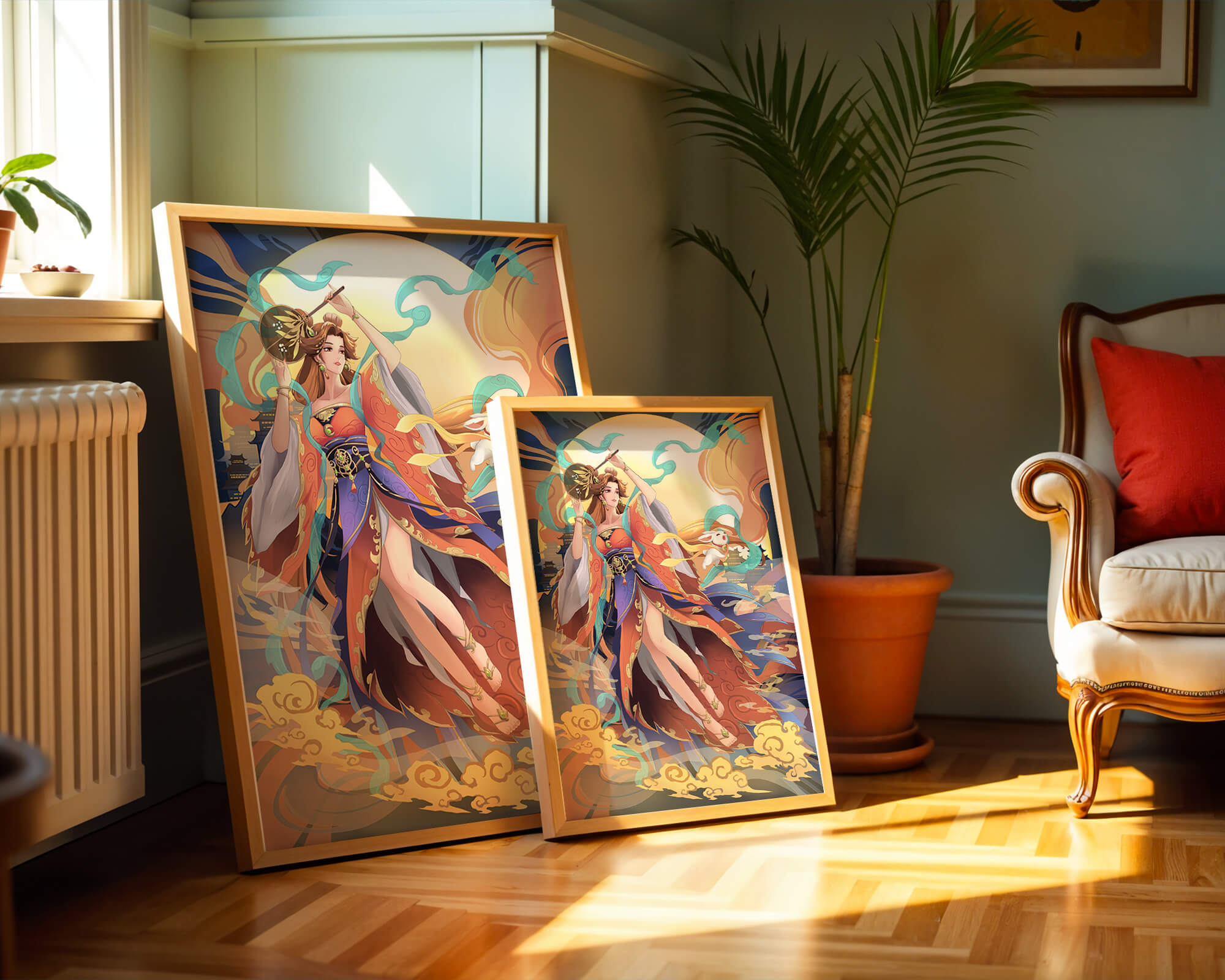Elegant goddess with flowing robes against a mystical backdrop