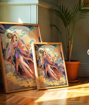 Elegant goddess with flowing robes against a mystical backdrop