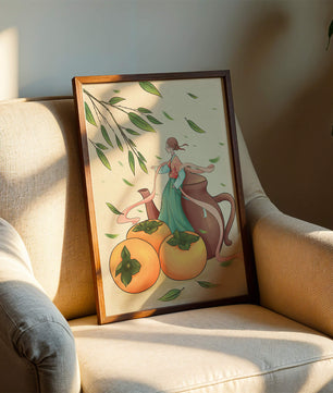 Whimsical scene with a woman in traditional attire among persimmons and leaves