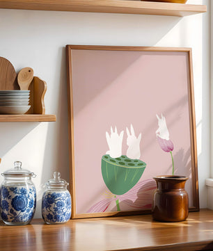 Whimsical Rabbits on Lotus with Pink Background