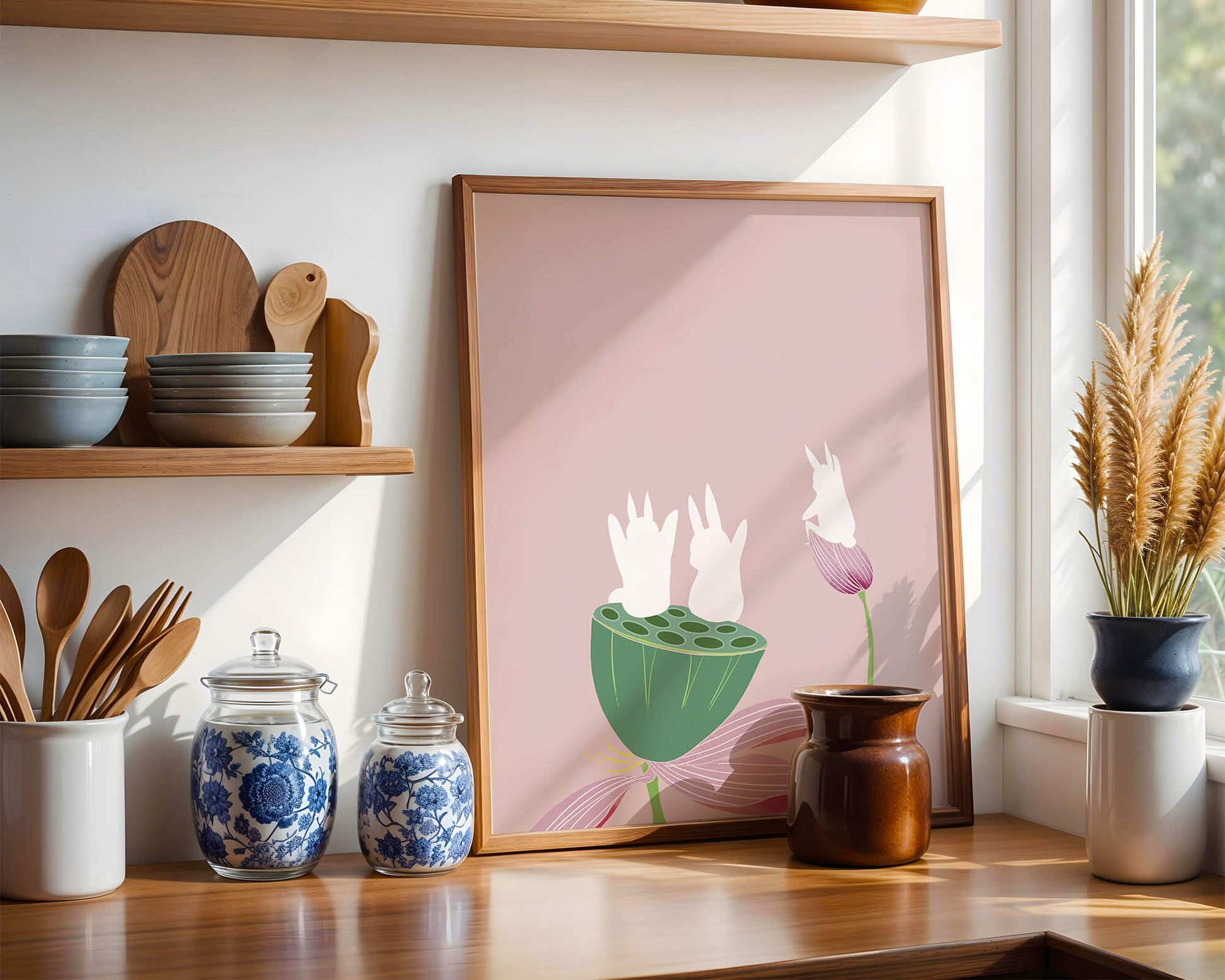 Whimsical Rabbits on Lotus with Pink Background