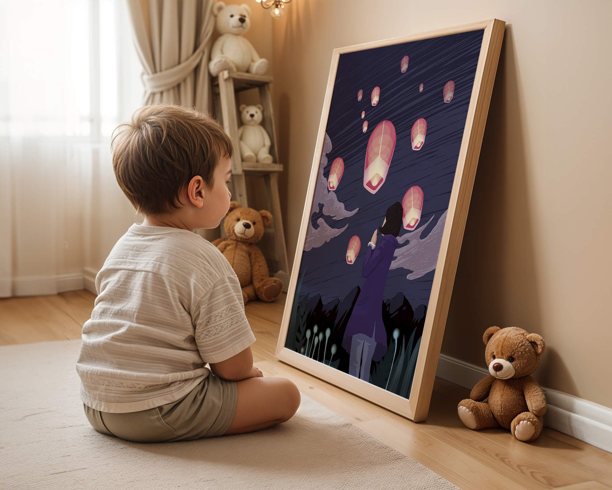 Girl Watching Pink Lanterns Soaring into the Night Sky