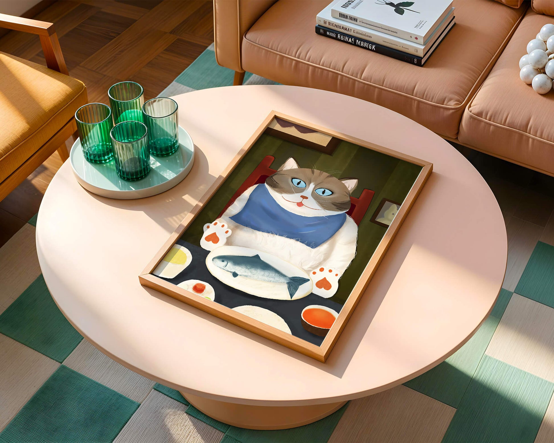 Ilustración de un gato comiendo con pescado y babero azul