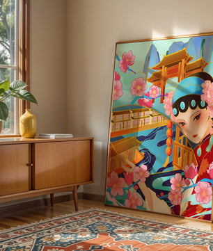 Traditional Asian art with cherry blossoms and architecture