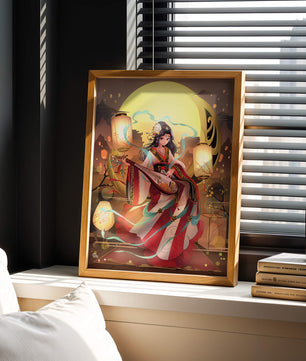 Traditional Asian woman playing musical instrument under moonlight