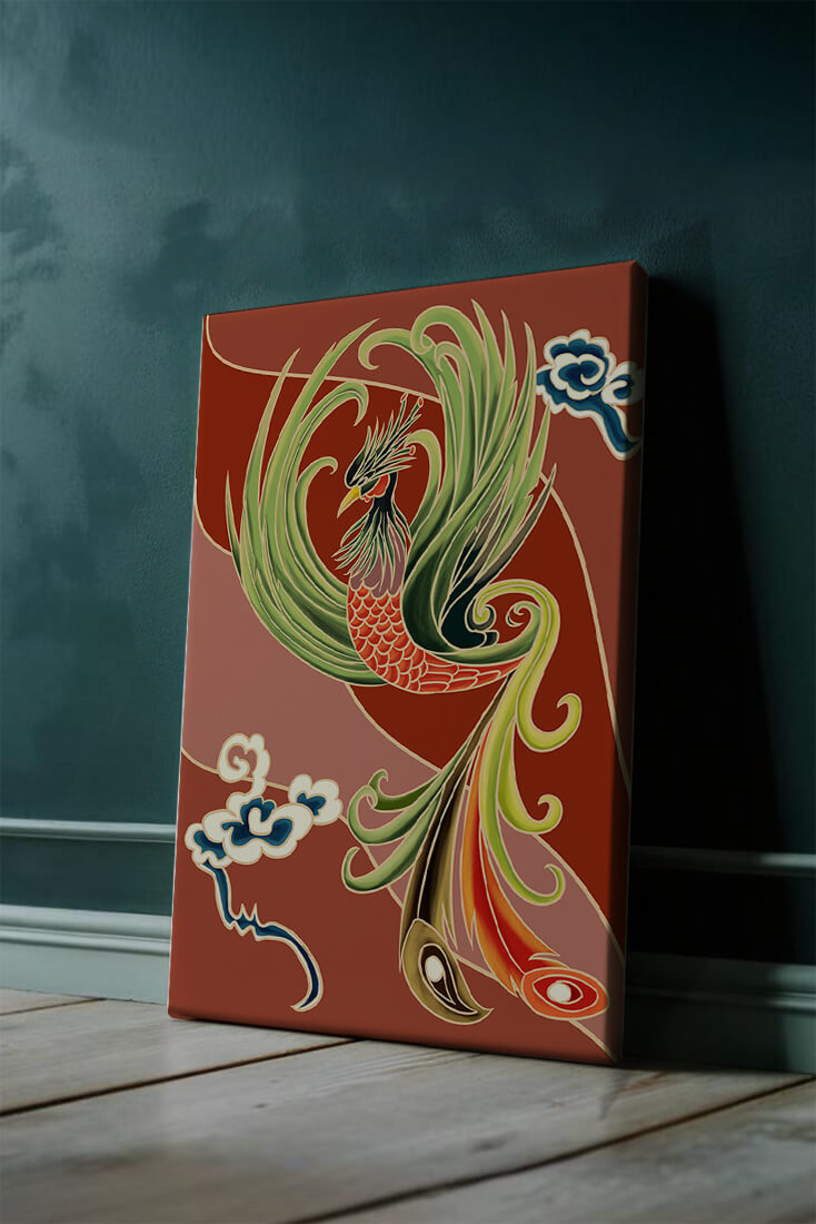 Stylized phoenix illustration with vibrant colors and clouds