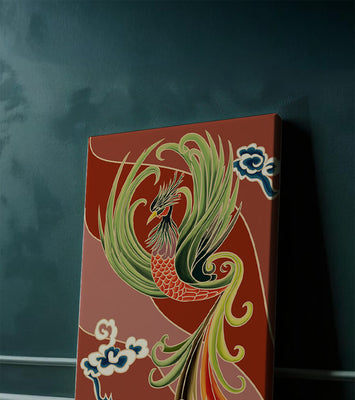 Stylized phoenix illustration with vibrant colors and clouds