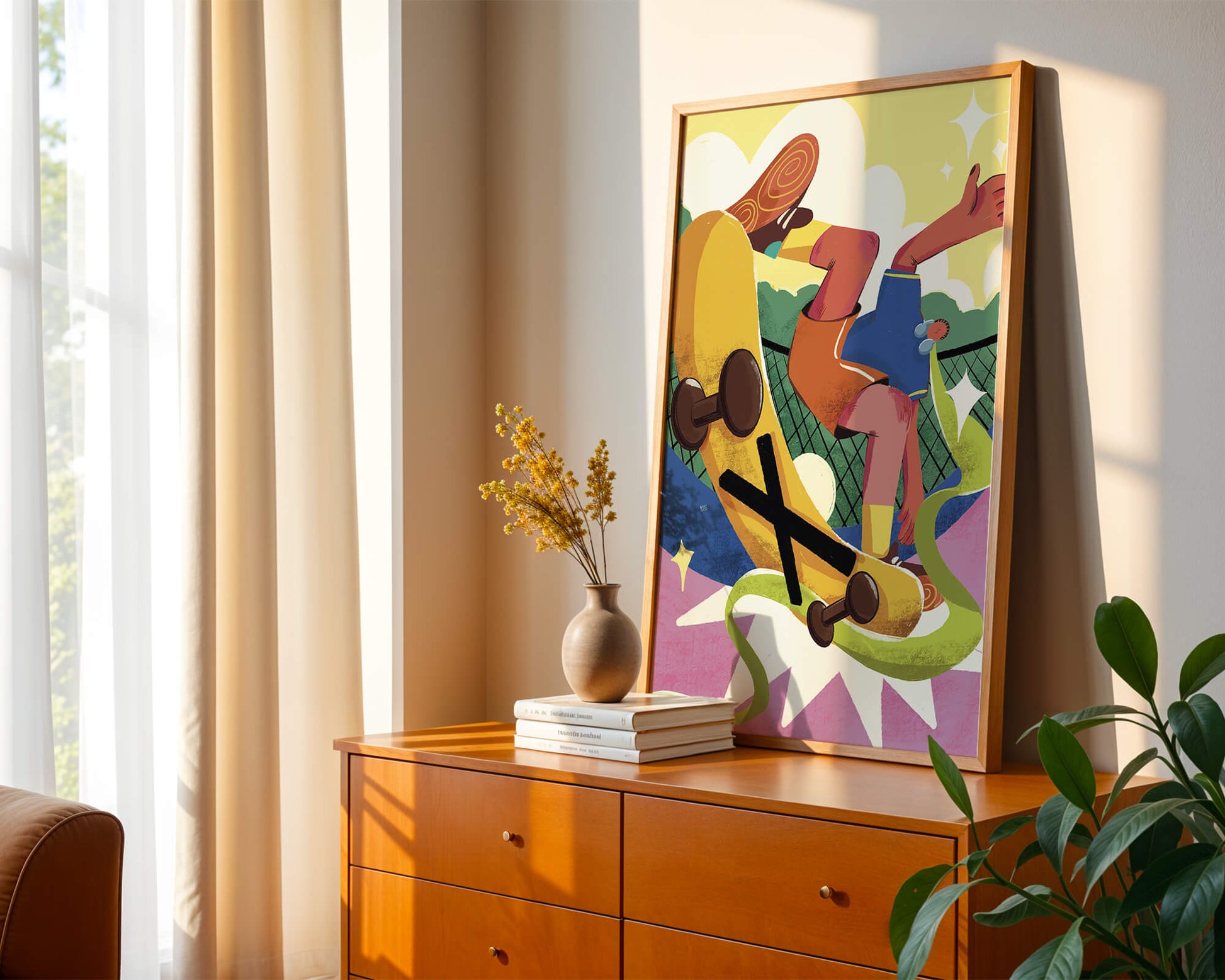 Ilustración abstracta colorida con un skater en movimiento dinámico