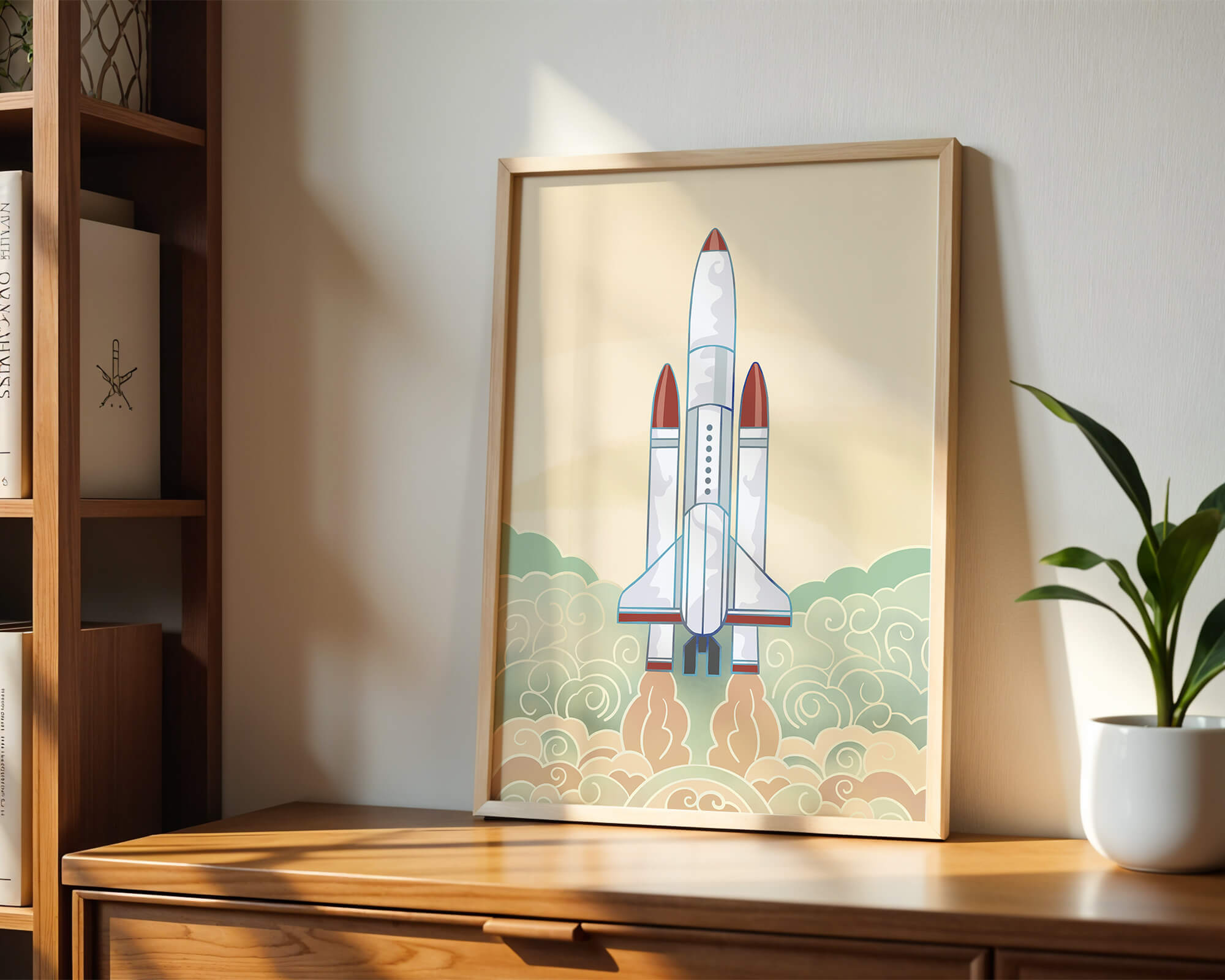 Colorful rocket launch from vintage-style clouds