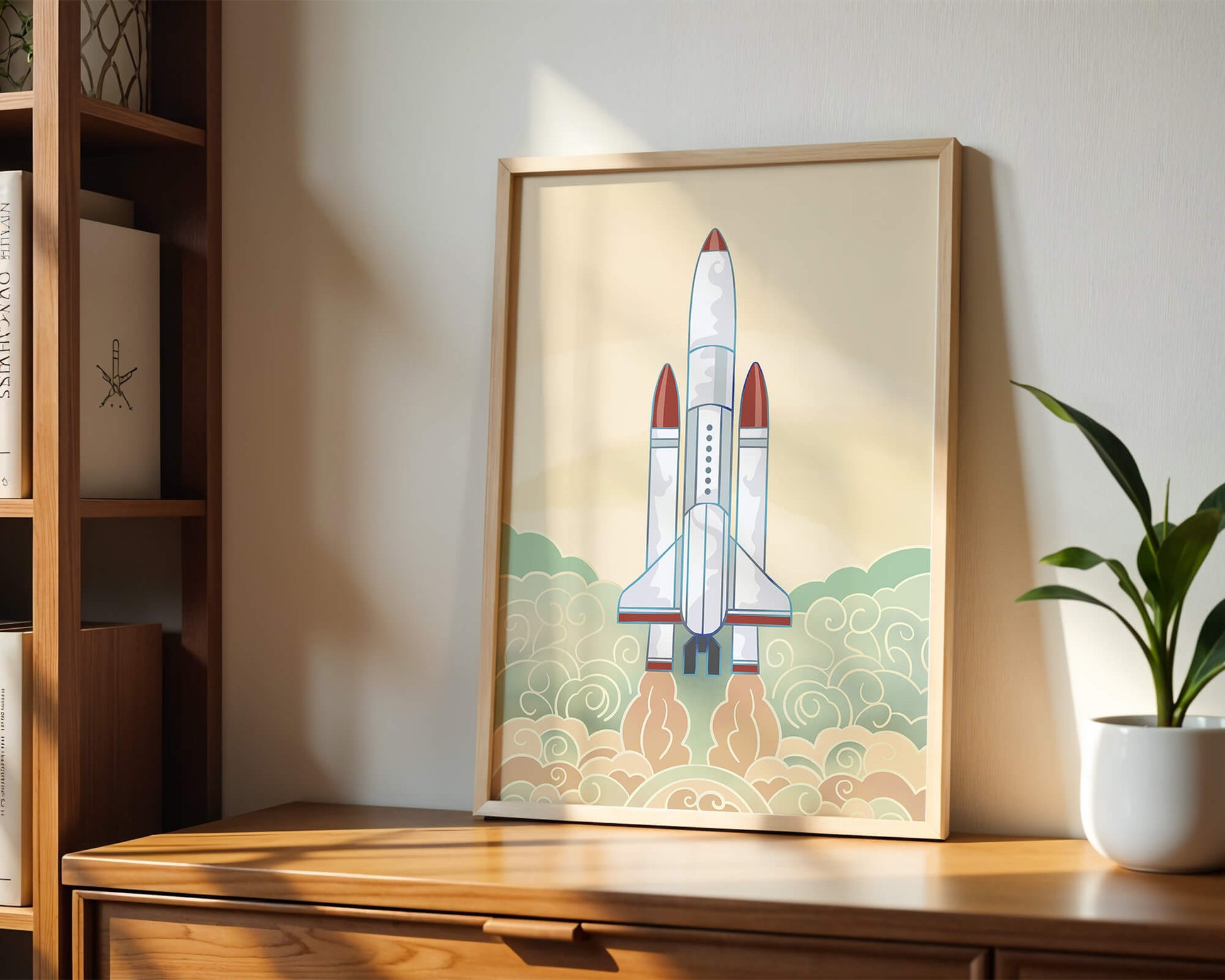 Colorful rocket launch from vintage-style clouds