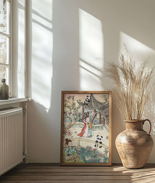 Tranquil Asian Garden Scene with Pandas and Blossoms