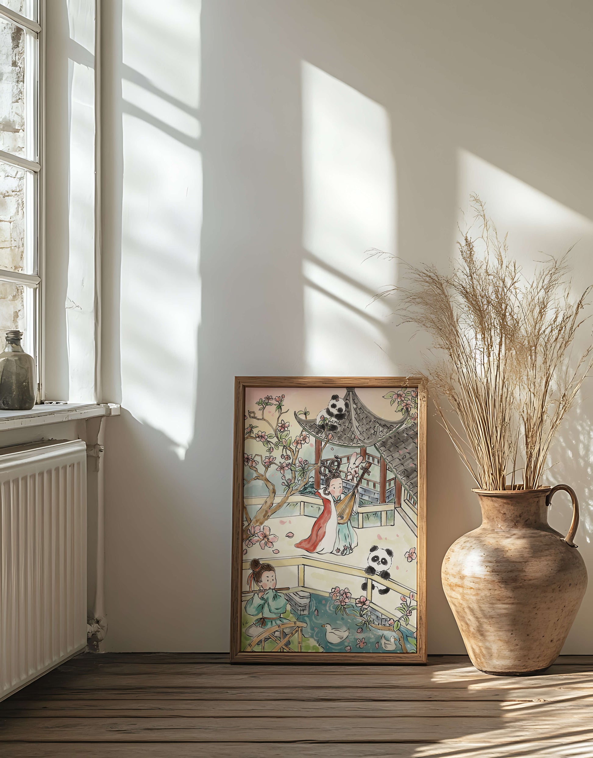 Escena tranquila de jardín asiático con pandas y flores