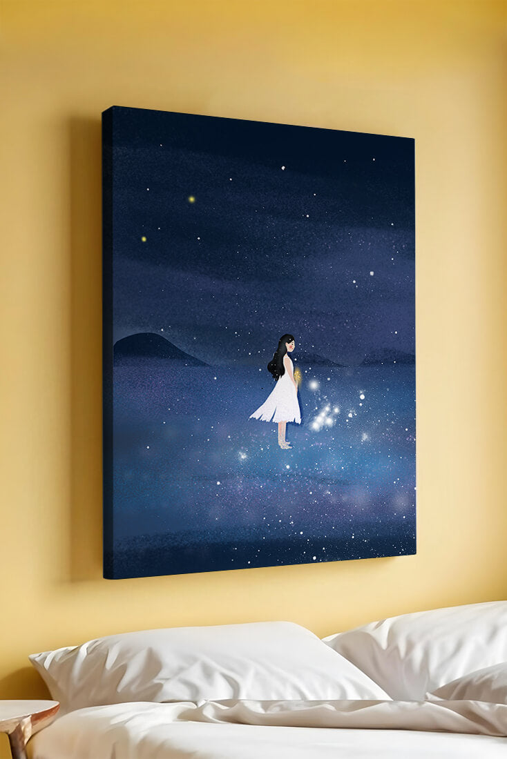 Girl in White Dress Gazing at Starry Night Sky