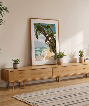 Tranquil Beach Scene with Palm Trees and Sailboats