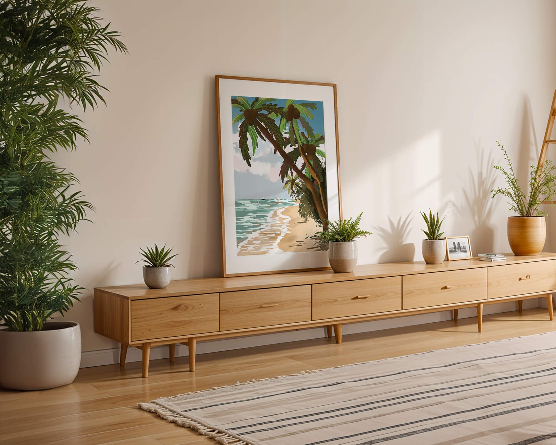 Tranquil Beach Scene with Palm Trees and Sailboats