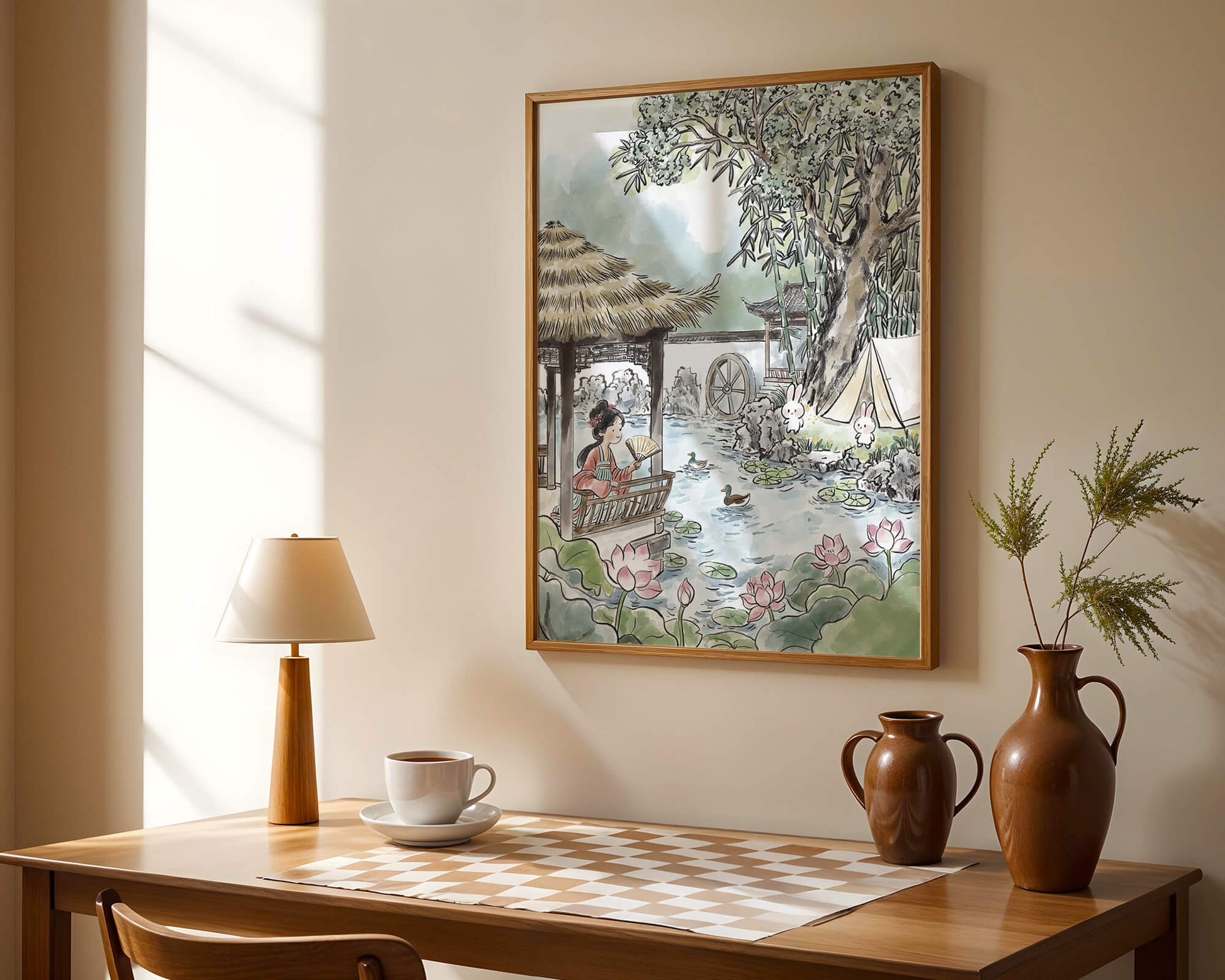 Escena tranquila de jardín con mujer, patos y conejos en un entorno tradicional