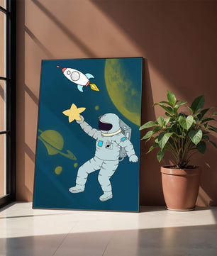 Astronaut Reaching for Star with Rocket and Planets in Space Scene - Mi tienda