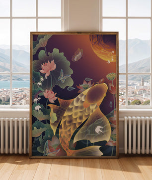 Bunte Koi-Fische mit Lotusblumen und Schmetterlingen bei Sonnenuntergang