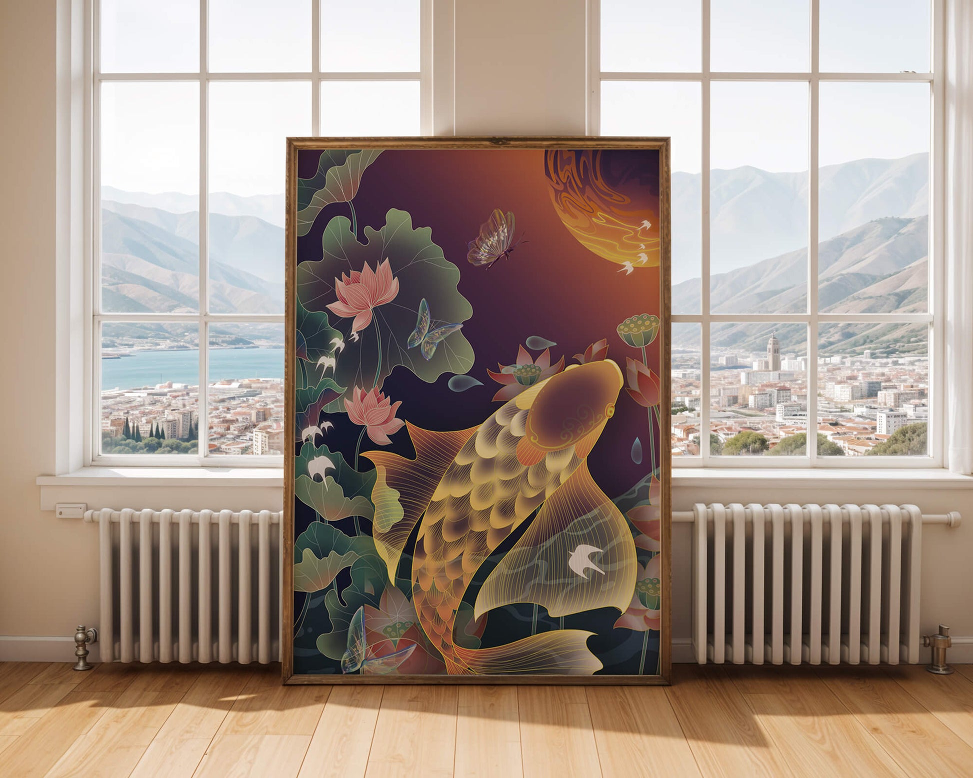 Bunte Koi-Fische mit Lotusblumen und Schmetterlingen bei Sonnenuntergang