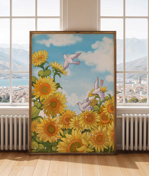 Friedliche Szene mit Sonnenblumen und Tauben unter einem strahlend blauen Himmel