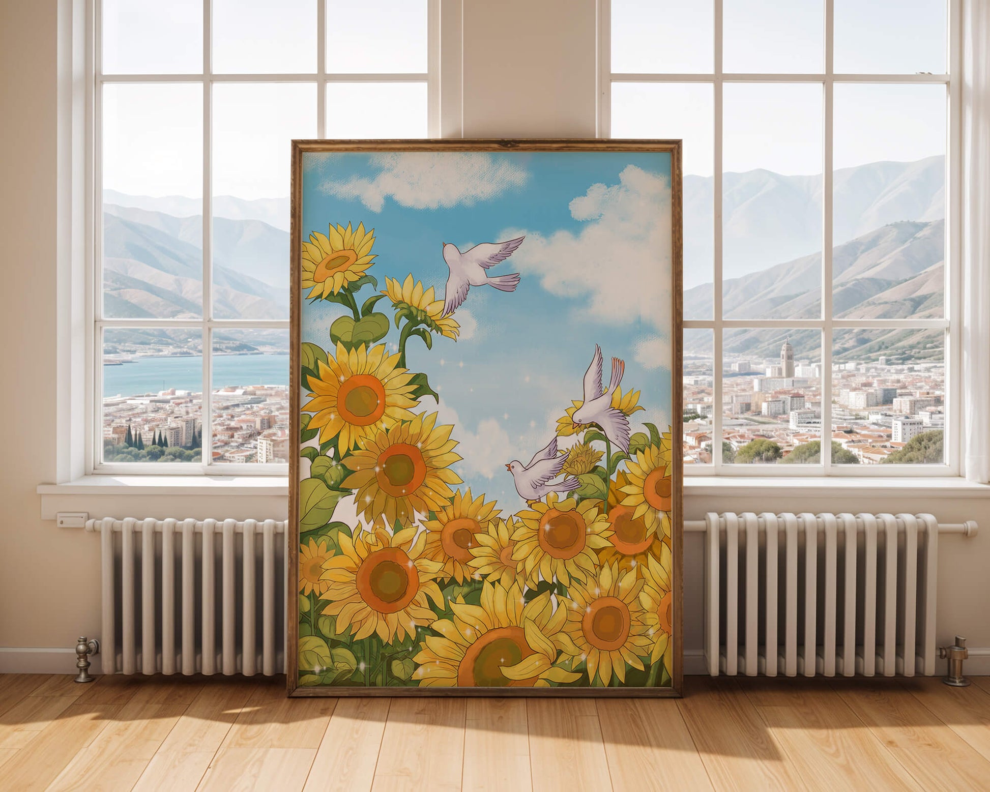 Friedliche Szene mit Sonnenblumen und Tauben unter einem strahlend blauen Himmel
