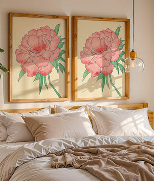 Delicate Pink Peony with Green Leaves Illustration